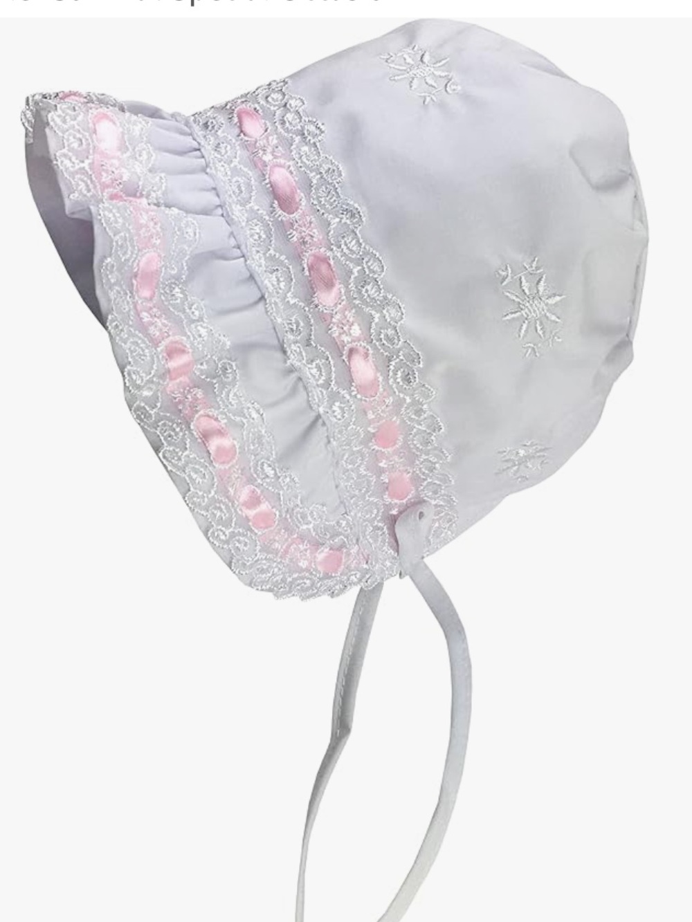 White Baby Bonnet with Pink Ribbon Lace Trim